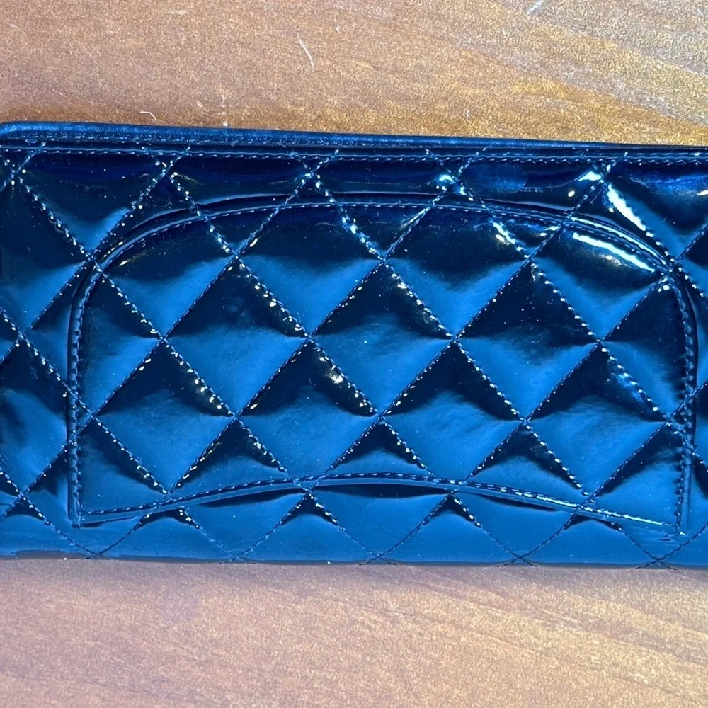 CHANEL Patent Quilted Zip Around Black Wallet
